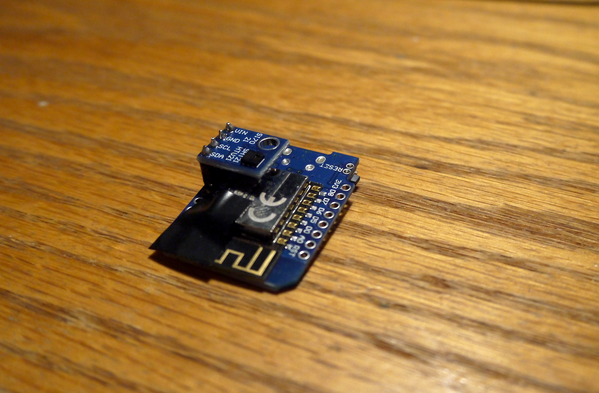 WEMOS D1 Mini with HTU21 temperature sensor soldered straight on