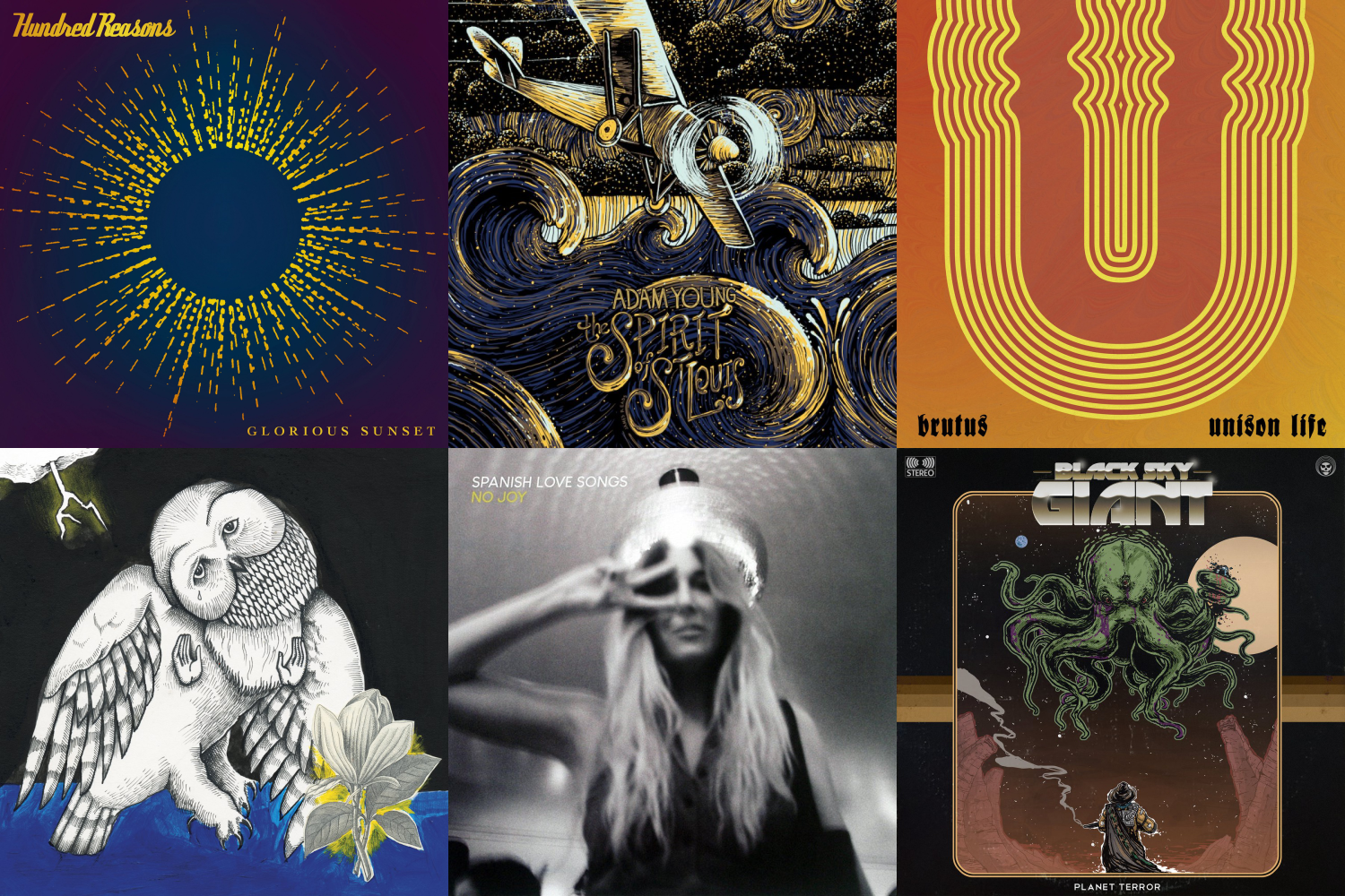 Six album covers; Glorious Sunset, The Spirit of St Louis, Unison Life, Magnolia Electric Co, No Joy and Planet Terror