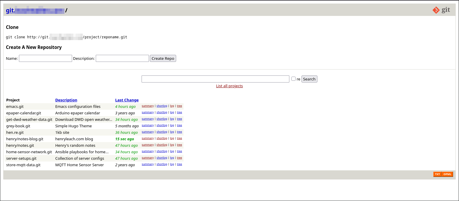 Screenshot of the Gitweb webpage, showing a list of repositories, and above that input boxes to create new repositories